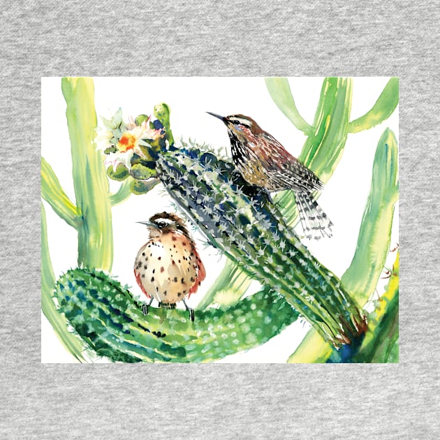 Arizona State BIrd and Flowers, Cactus Wren and Seguaro by surenart